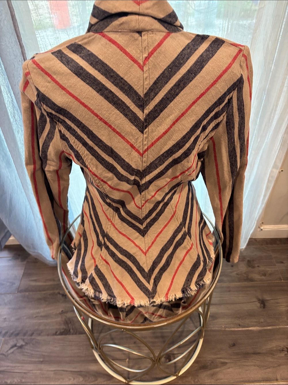 Free People Striped Frayed Open-Front Jacket in Beige, Navy & Red - Picture 5 of 7